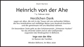 Anzeige von Heinrich von der Ahe von Mindener Tageblatt