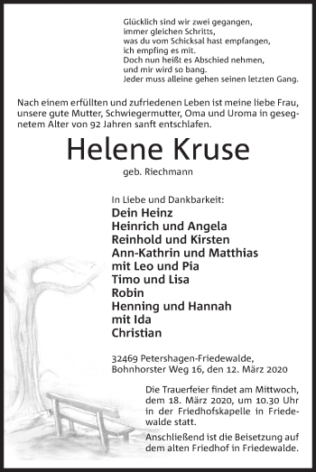 Anzeige von Helene Kruse von Mindener Tageblatt