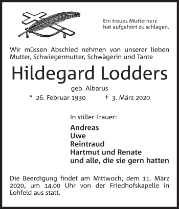 Anzeige von Hildegard Lodders von Mindener Tageblatt