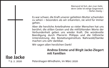 Anzeige von Ilse Jacke von Mindener Tageblatt