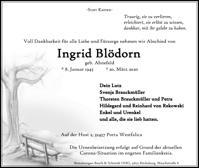  Traueranzeige für Ingrid Blödorn vom 28.03.2020 aus Mindener Tageblatt