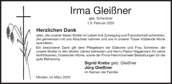 Anzeige von Irma Gleißner von Mindener Tageblatt