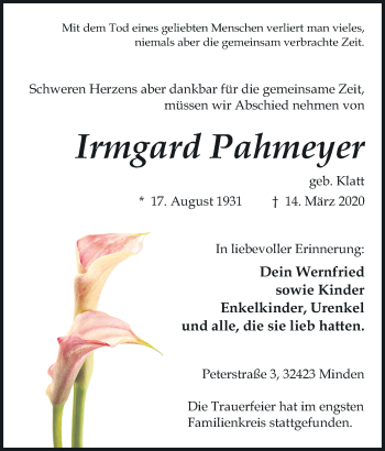 Anzeige von Irmgard Pahmeyer von Mindener Tageblatt