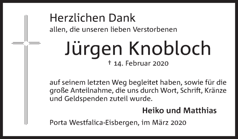  Traueranzeige für Jürgen Knobloch vom 14.03.2020 aus Mindener Tageblatt