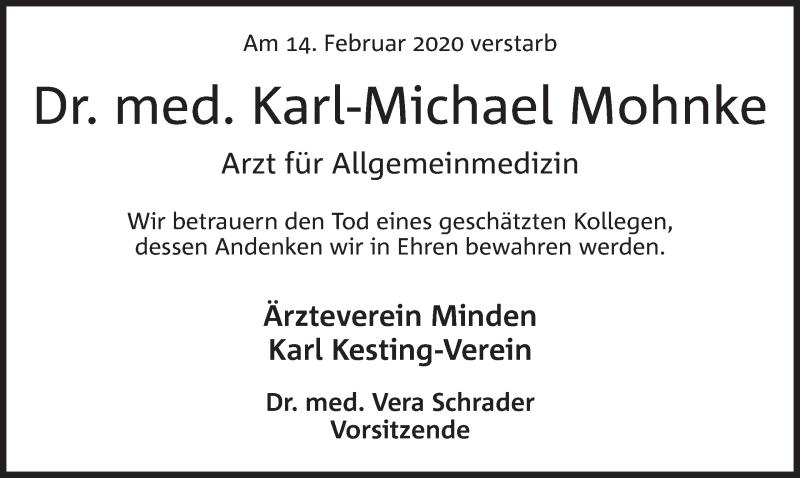  Traueranzeige für Karl-Michael Mohnke vom 03.03.2020 aus Mindener Tageblatt
