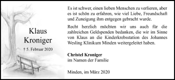 Anzeige von Klaus Kroniger von Mindener Tageblatt