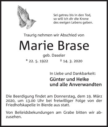 Anzeige von Marie Brase von Mindener Tageblatt