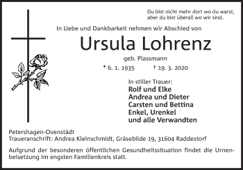 Anzeige von Ursula Lohrenz von Mindener Tageblatt