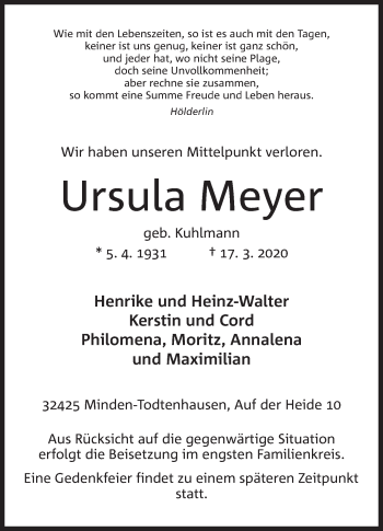 Anzeige von Ursula Meyer von Mindener Tageblatt