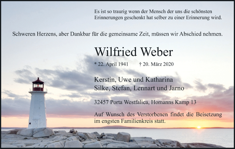  Traueranzeige für Wilfried Weber vom 28.03.2020 aus Mindener Tageblatt