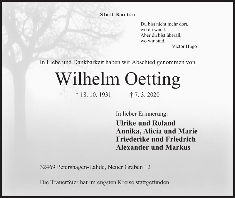  Traueranzeige für Wilhelm Oetting vom 21.03.2020 aus Mindener Tageblatt