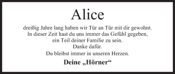 Anzeige von Alice  von Mindener Tageblatt