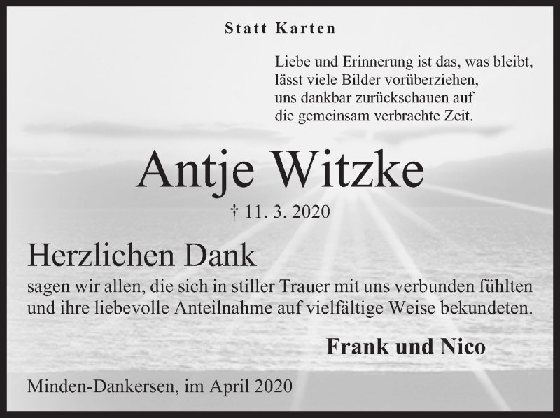  Traueranzeige für Antje Witzke vom 25.04.2020 aus Mindener Tageblatt