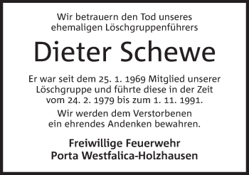 Anzeige von Dieter Schewe von Mindener Tageblatt