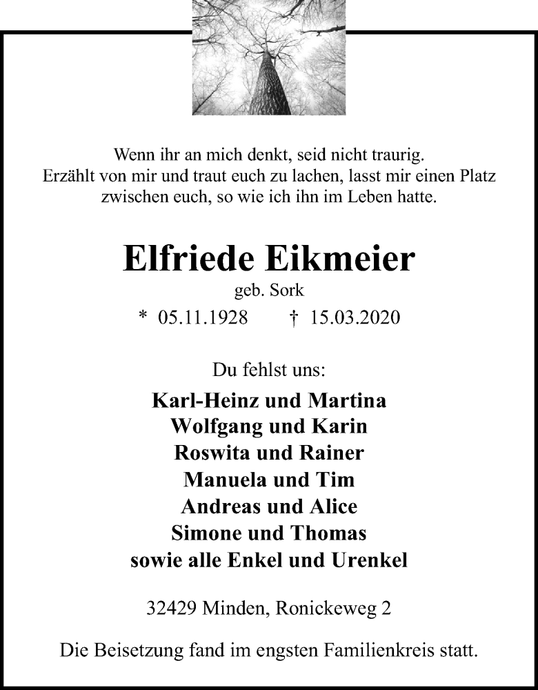  Traueranzeige für Elfriede Eikmeier vom 18.04.2020 aus Mindener Tageblatt