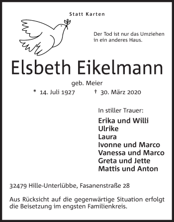 Anzeige von Elsbeth Eikelmann von Mindener Tageblatt