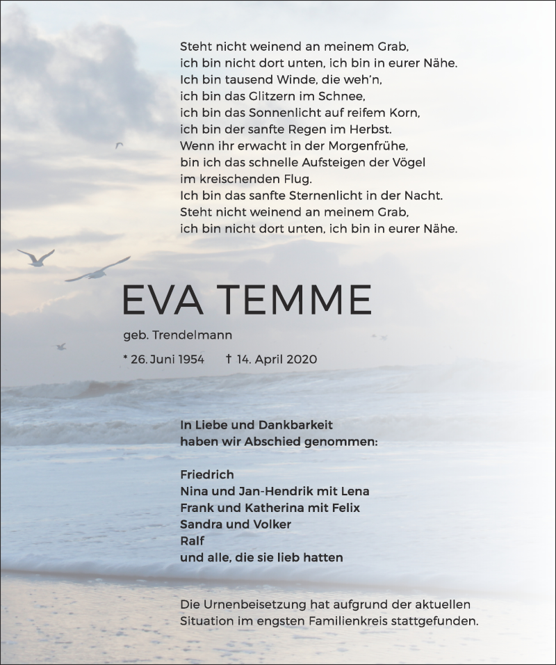  Traueranzeige für Eva Temme vom 25.04.2020 aus Mindener Tageblatt