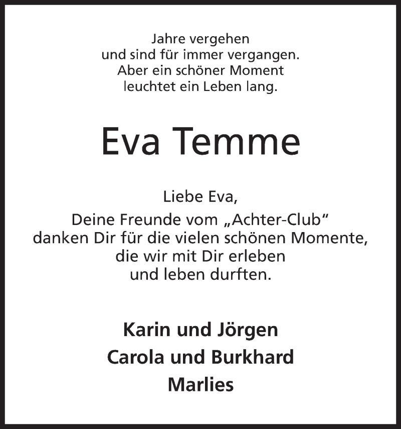  Traueranzeige für Eva Temme vom 27.04.2020 aus Mindener Tageblatt
