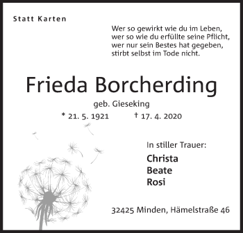 Anzeige von Frieda Borcherding von Mindener Tageblatt