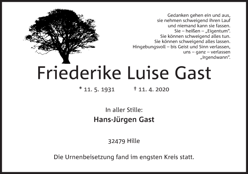  Traueranzeige für Friederike Luise Gast vom 22.04.2020 aus Mindener Tageblatt