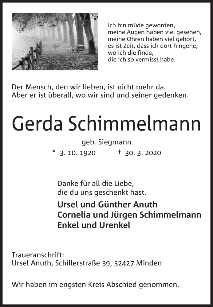 Traueranzeige für Gerda Schimmelmann vom 04.04.2020 aus Mindener Tageblatt