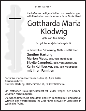 Anzeige von Gottharda Maria Klodwig von Mindener Tageblatt
