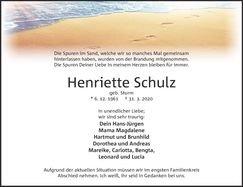  Traueranzeige für Henriette Schulz vom 04.04.2020 aus Mindener Tageblatt