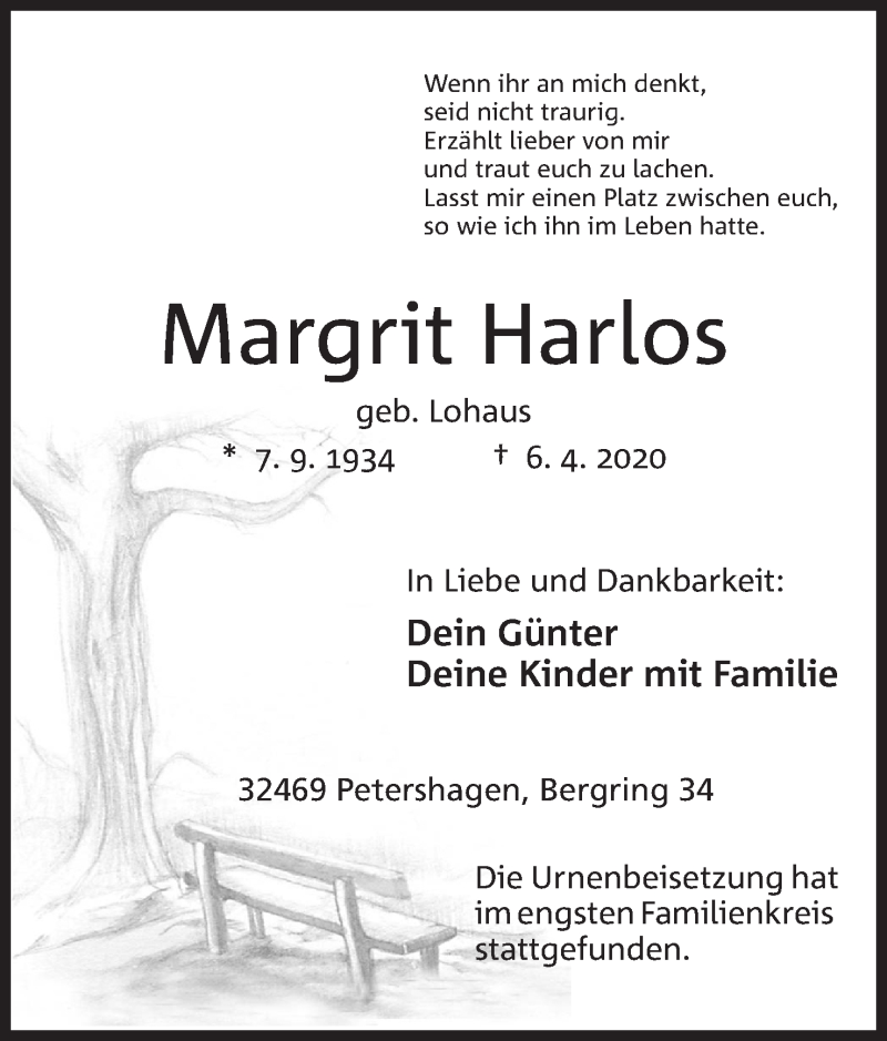  Traueranzeige für Margrit Harlos vom 25.04.2020 aus Mindener Tageblatt