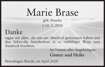 Anzeige von Marie Brase von Mindener Tageblatt