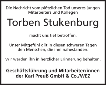 Anzeige von Torben Stukenburg von Mindener Tageblatt