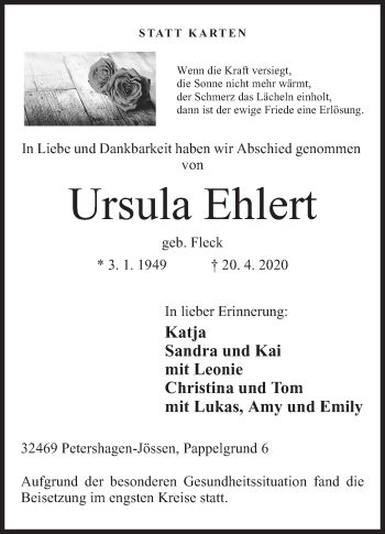 Anzeige von Ursula Ehlert von Mindener Tageblatt
