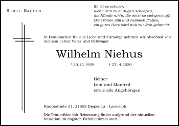 Anzeige von Wilhelm Niehus von Mindener Tageblatt