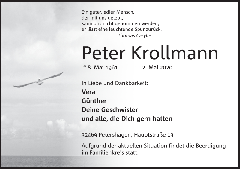  Traueranzeige für Peter Krollmann vom 06.05.2020 aus Mindener Tageblatt
