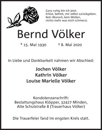 Anzeige von Bernd Völker von Mindener Tageblatt