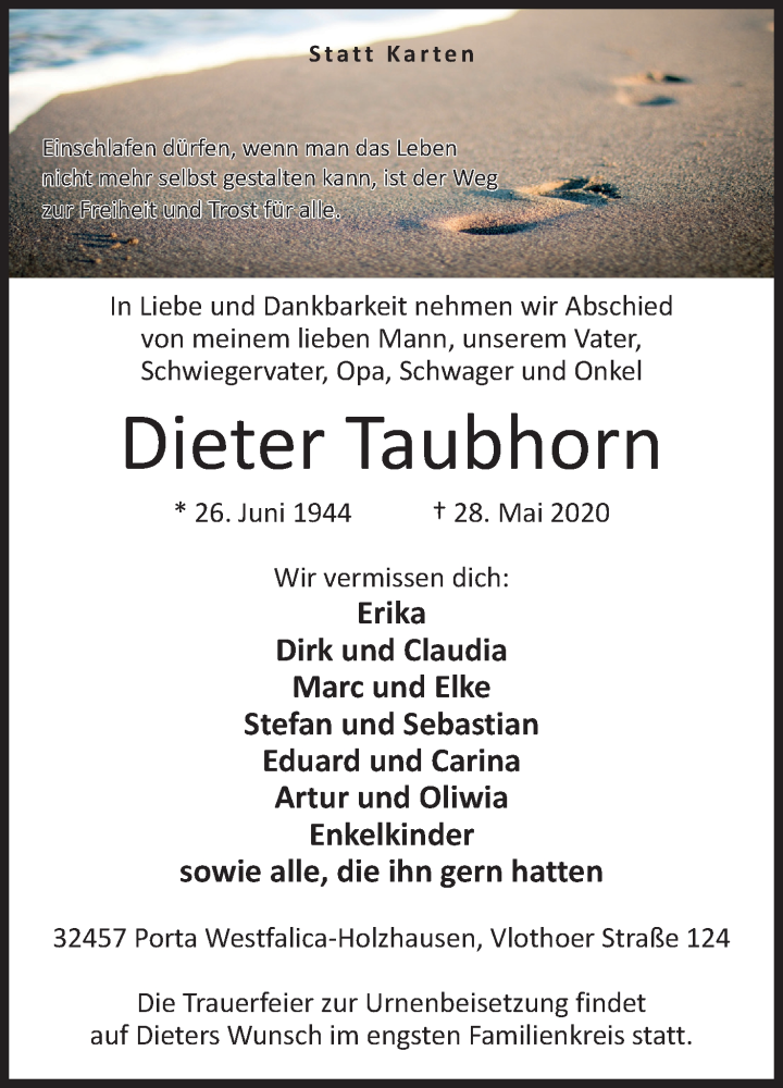  Traueranzeige für Dieter Taubhorn vom 30.05.2020 aus Mindener Tageblatt