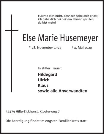 Anzeige von Else Marie Husemeyer von Mindener Tageblatt