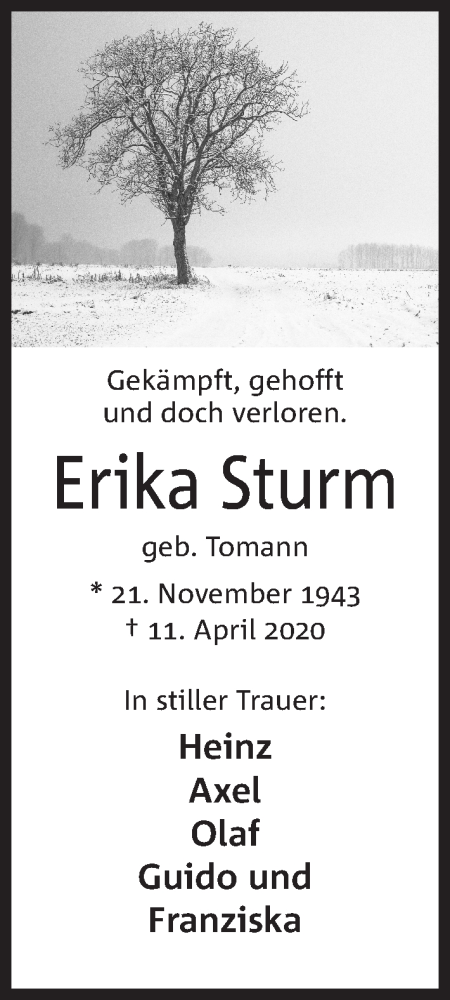 Traueranzeigen Von Erika Sturm Trauer Mt De