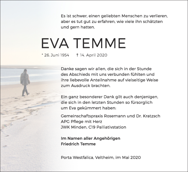  Traueranzeige für Eva Temme vom 16.05.2020 aus Mindener Tageblatt