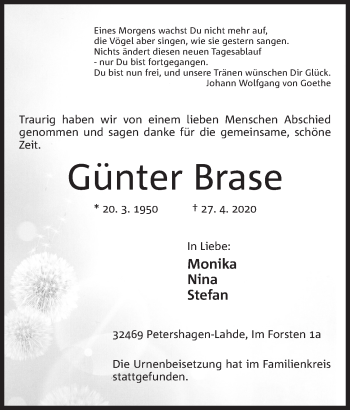 Anzeige von Günter Brase von Mindener Tageblatt