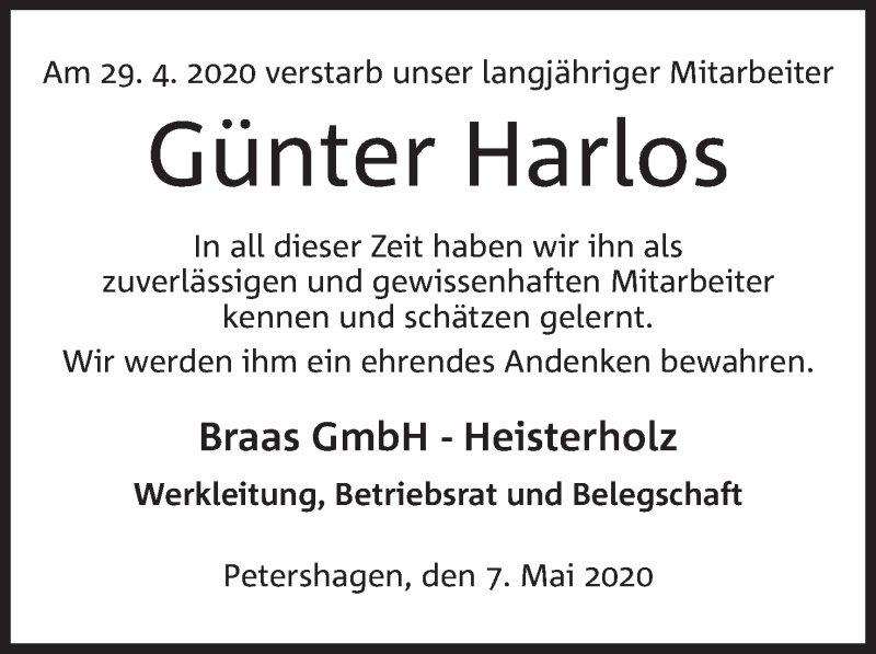 Traueranzeige für Günter Harlos vom 07.05.2020 aus Mindener Tageblatt
