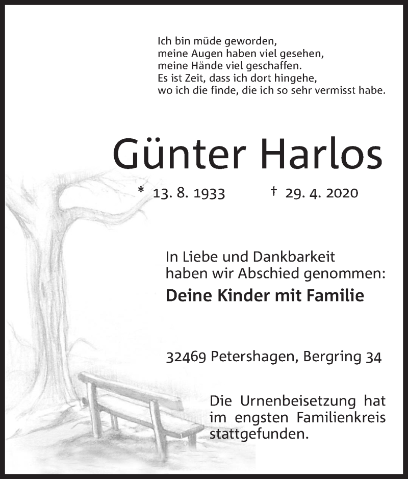  Traueranzeige für Günter Harlos vom 16.05.2020 aus Mindener Tageblatt