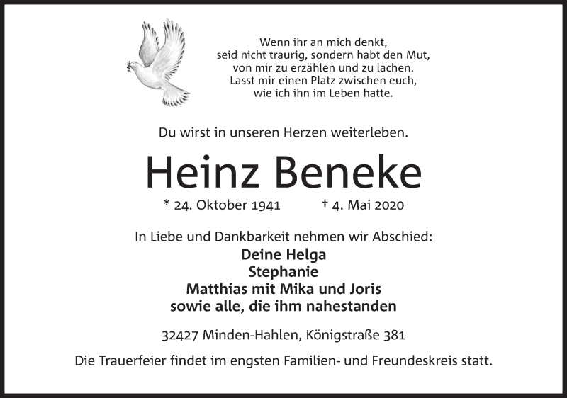  Traueranzeige für Heinz Beneke vom 09.05.2020 aus Mindener Tageblatt