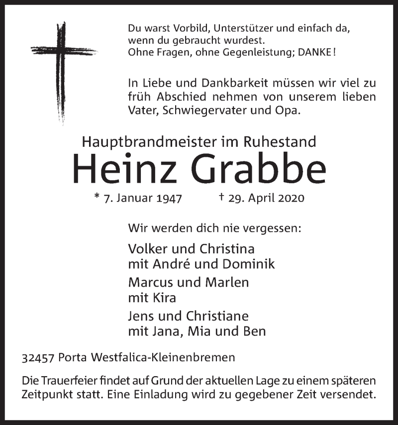  Traueranzeige für Heinz Grabbe vom 01.05.2020 aus Mindener Tageblatt