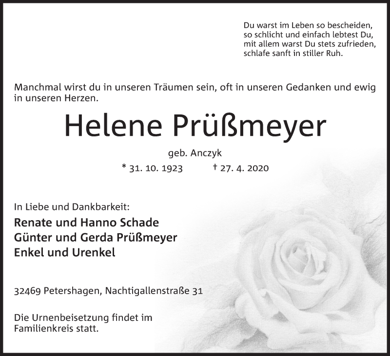  Traueranzeige für Helene Prüßmeyer vom 01.05.2020 aus Mindener Tageblatt