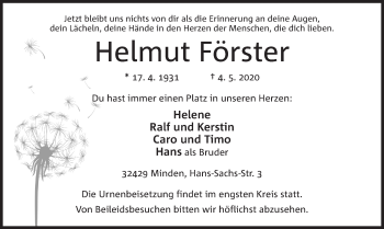 Anzeige von Helmut Förster von Mindener Tageblatt