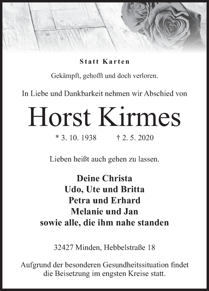  Traueranzeige für Horst Kirmes vom 09.05.2020 aus Mindener Tageblatt