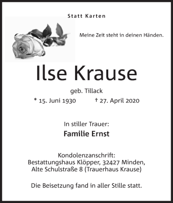 Anzeige von Ilse Krause von Mindener Tageblatt