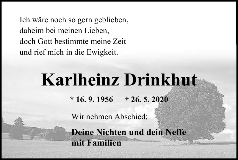  Traueranzeige für Karlheinz Drinkhut vom 30.05.2020 aus Mindener Tageblatt