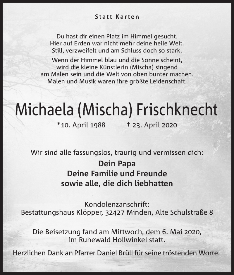  Traueranzeige für Michaela  Frischknecht vom 09.05.2020 aus Mindener Tageblatt