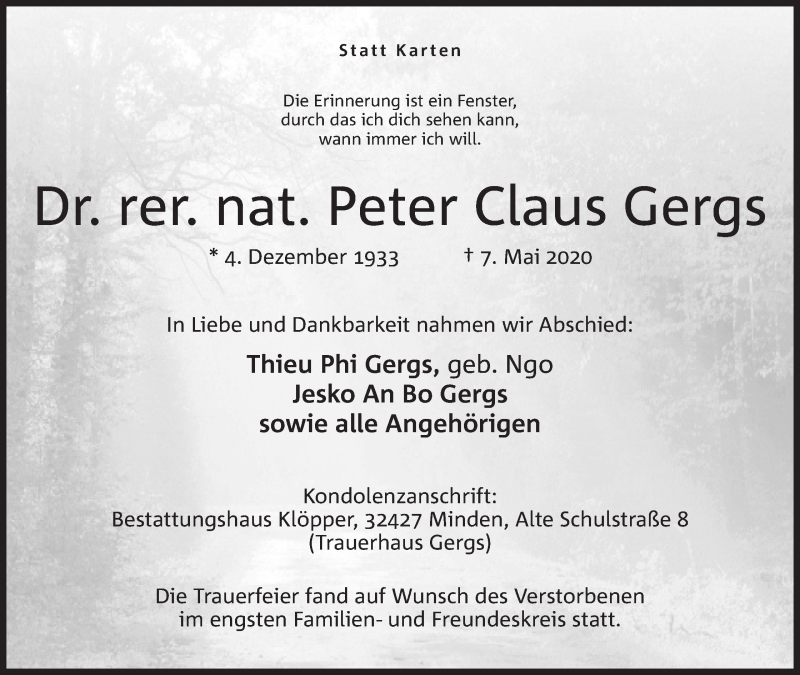  Traueranzeige für Peter Claus Gergs vom 23.05.2020 aus Mindener Tageblatt